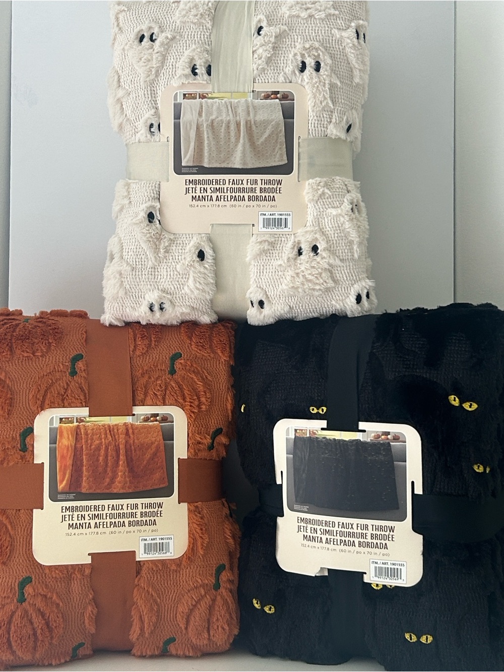 3 Viral Halloween Embroidered Faux Fur Throw Blankets Set of 3 NEW Soft Cozy